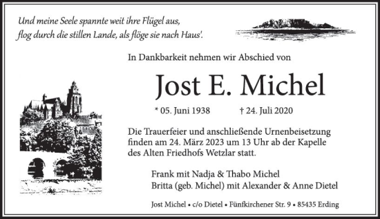 Traueranzeige von Jost E. Michel von Wetzlarer Neue Zeitung