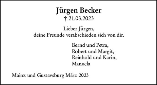 Traueranzeige von Jürgen Becker von Allgemeine Zeitung Mainz