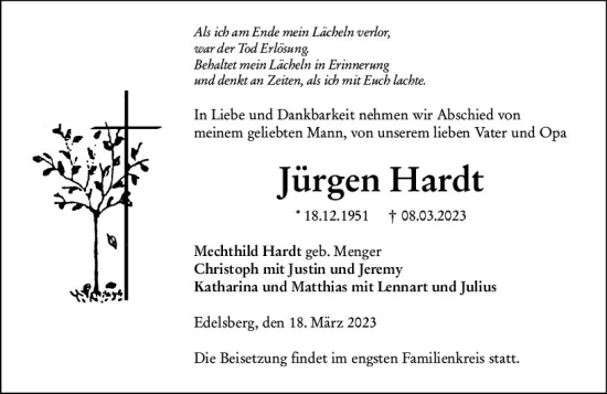 Traueranzeige von Jürgen Hardt von Weilburger Tageblatt