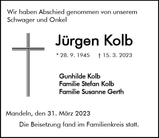 Traueranzeige von Jürgen Kolb von Dill Block