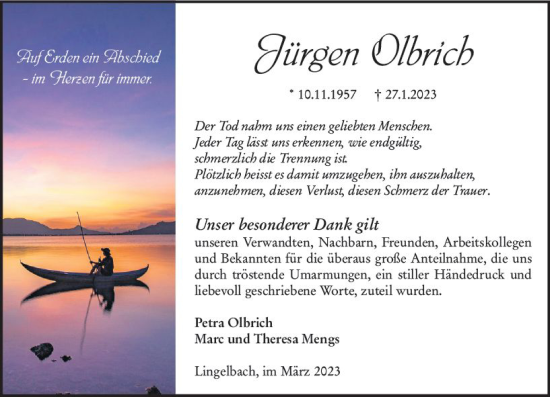 Traueranzeige von Jürgen Olbrich von Oberhessen Kurier