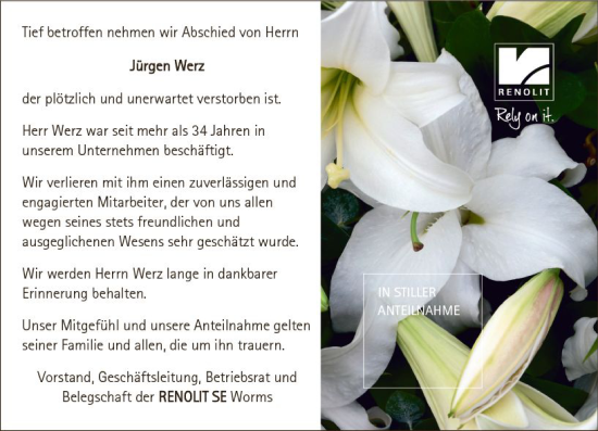 Traueranzeige von Jürgen Werz von Wormser Zeitung