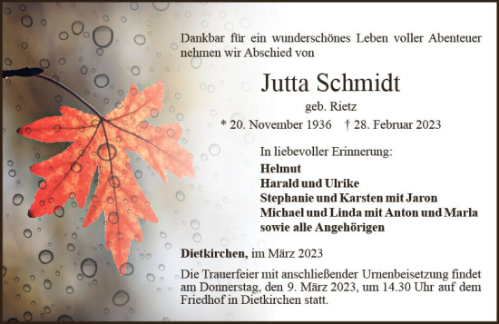 Traueranzeige von Jutta Schmidt von Nassauische Neue Presse