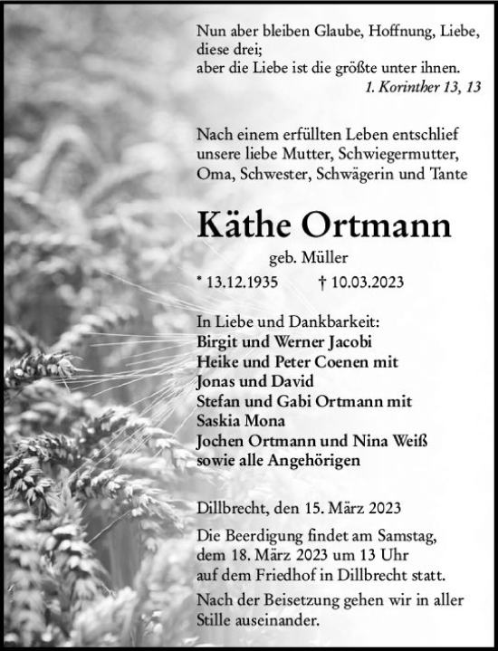 Traueranzeige von Käthe Ortmann von Dill Block
