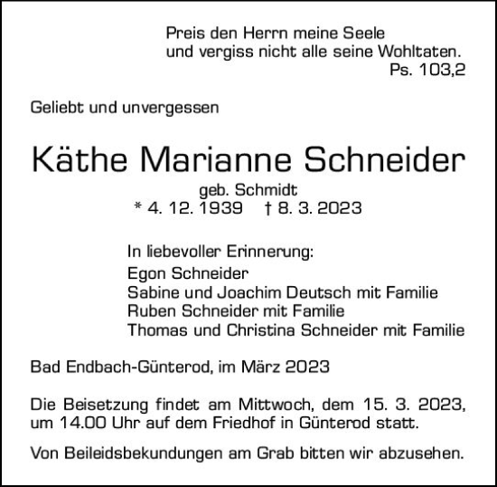 Traueranzeige von Käthe Marianne Schneider von Hinterländer Anzeiger