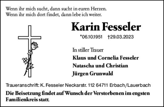 Traueranzeige von Karin Fesseler von Odenwälder Echo