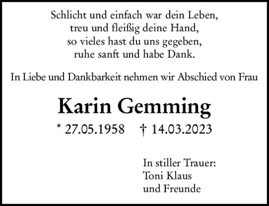 Traueranzeige von Karin Gemming von Allgemeine Zeitung Mainz
