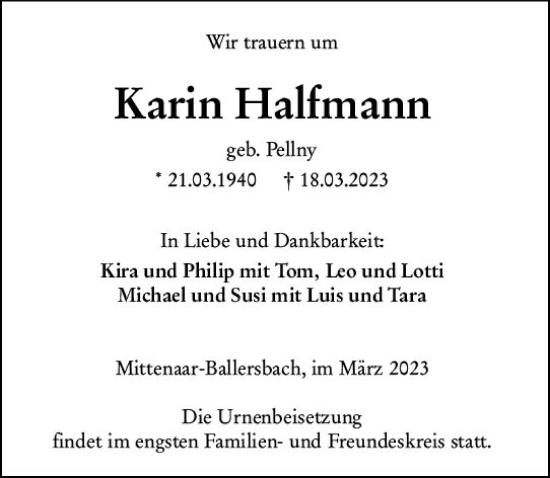 Traueranzeige von Karin Halfmann von Dill Block