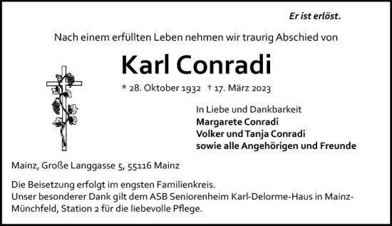 Traueranzeige von Karl Conradi von Allgemeine Zeitung Mainz