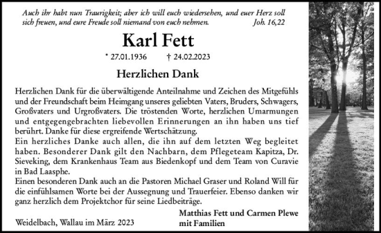 Traueranzeige von Karl Fett von Hinterländer Anzeiger
