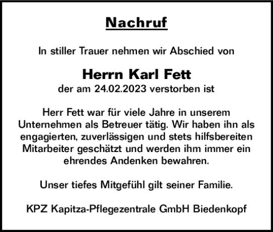 Traueranzeige von Karl Fett von Hinterländer Anzeiger