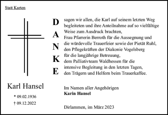 Traueranzeige von Karl Hansel von VRM Trauer