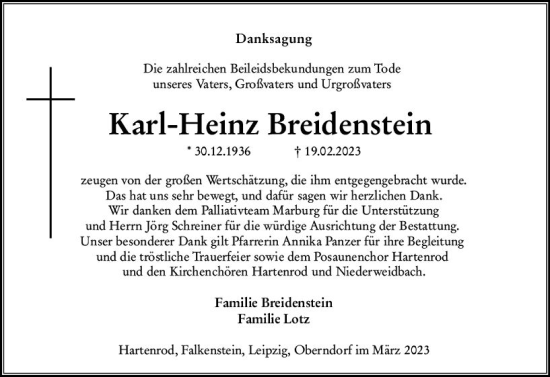 Traueranzeige von Karl-Heinz Breidenstein von Hinterländer Anzeiger
