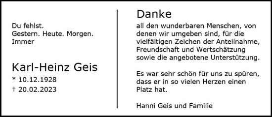 Traueranzeige von Karl-Heinz Geis von Allgemeine Zeitung Mainz