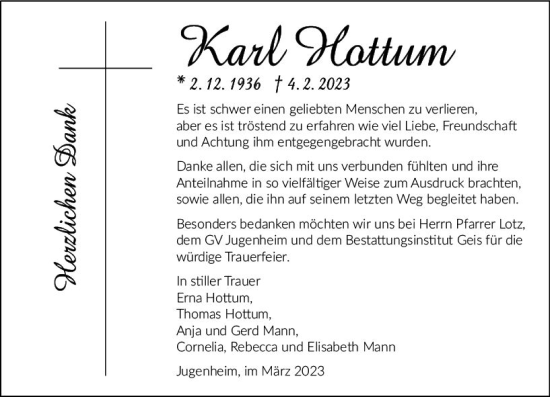 Traueranzeige von Karl Hottum von Allgemeine Zeitung Bingen/Ingelheim
