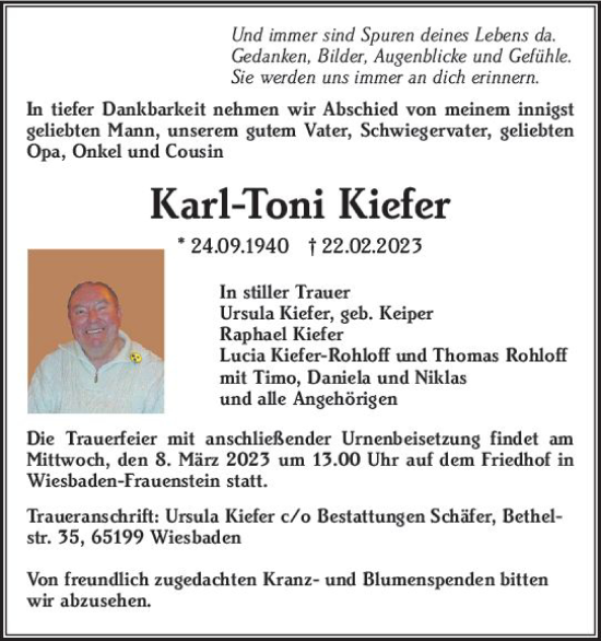 Traueranzeige von Karl-Toni Kiefer von Wiesbadener Kurier