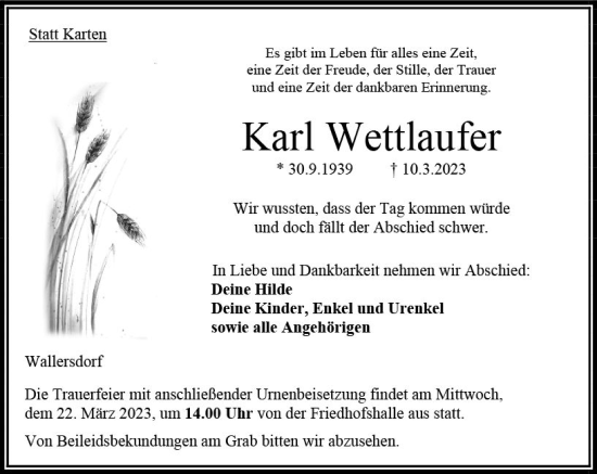 Traueranzeige von Karl Wettlaufer von VRM Trauer