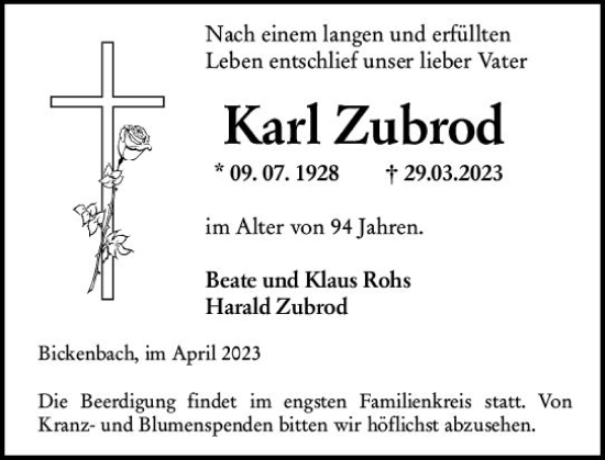Traueranzeige von Karl Zubrod von Darmstädter Echo