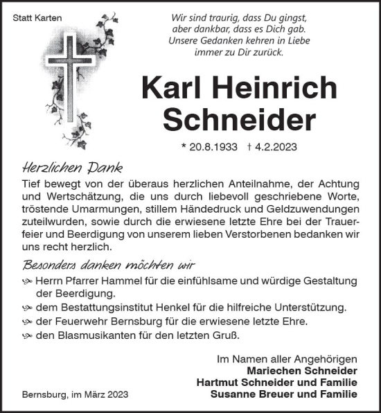 Traueranzeige von Karl Heinrich Schneider von Oberhessen Kurier