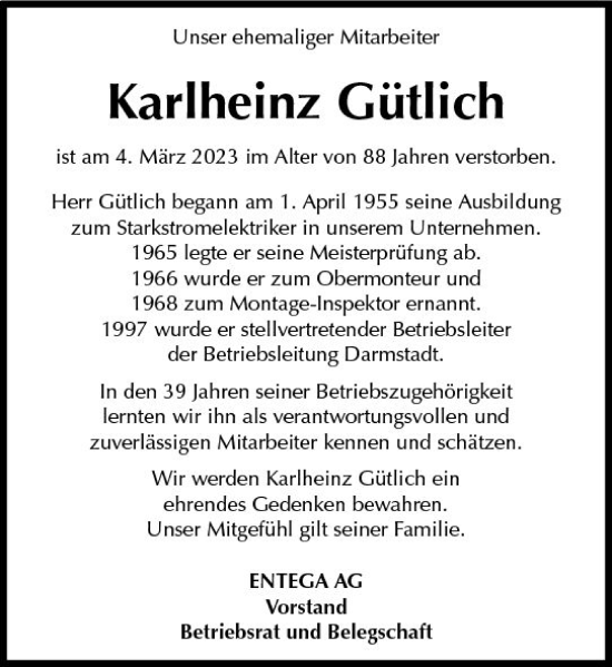 Traueranzeige von Karlheinz Gütlich von Odenwälder Echo