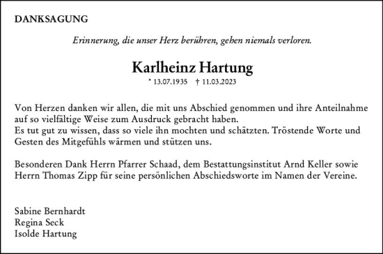 Traueranzeige von Karlheinz Hartung von Weilburger Tageblatt
