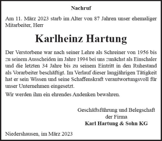 Traueranzeige von Karlheinz Hartung von Weilburger Tageblatt