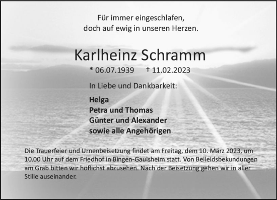 Traueranzeige von Karlheinz Schramm von Bingen/Ingelheim WOBL inkl. Neue Binger Ztg.