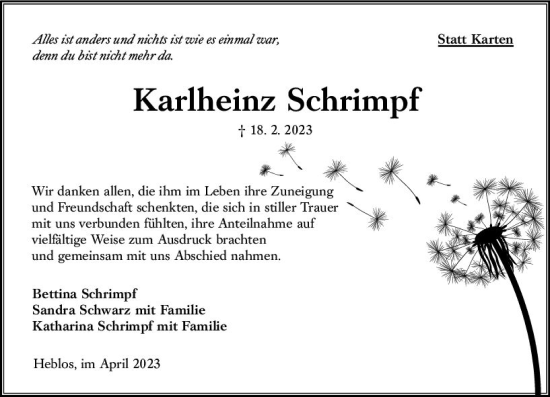 Traueranzeige von Karlheinz Schrimpf von Oberhessen Kurier