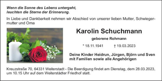 Traueranzeige von Karolin Schuchmann von Darmstädter Echo