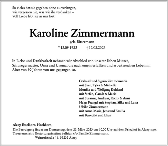 Traueranzeige von Karoline Zimmermann von Allgemeine Zeitung Alzey