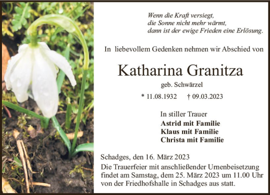 Traueranzeige von Katharina Granitza von VRM Trauer