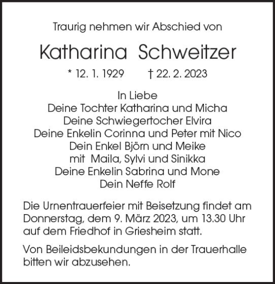 Traueranzeige von Katharina Schweitzer von Darmstädter Echo