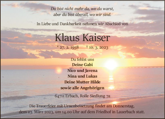 Traueranzeige von Klaus Kaiser von Odenwälder Echo