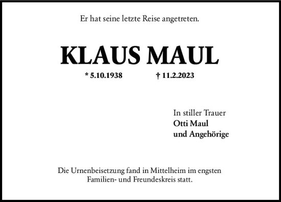 Traueranzeige von Klaus Maul von Wiesbadener Kurier