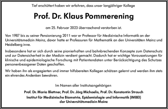 Traueranzeige von Klaus Pommerening von Allgemeine Zeitung Mainz