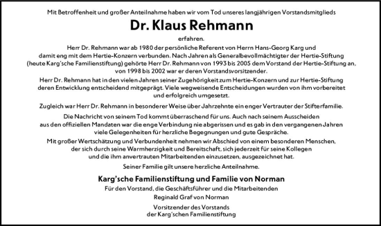 Traueranzeige von Klaus Rehmann von Allgemeine Zeitung Mainz