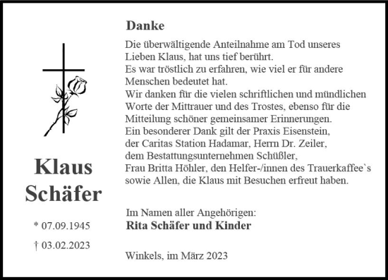 Traueranzeige von Klaus Schäfer von Weilburger Tageblatt