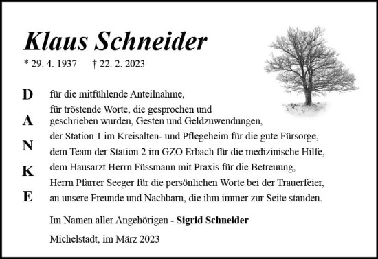 Traueranzeige von Klaus Schneider von Odenwälder Echo