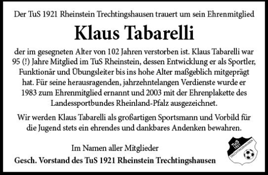 Traueranzeige von Klaus Tabarelli von Allgemeine Zeitung Bingen/Ingelheim