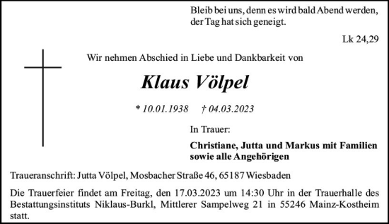 Traueranzeige von Klaus Völpel von Wiesbadener Kurier