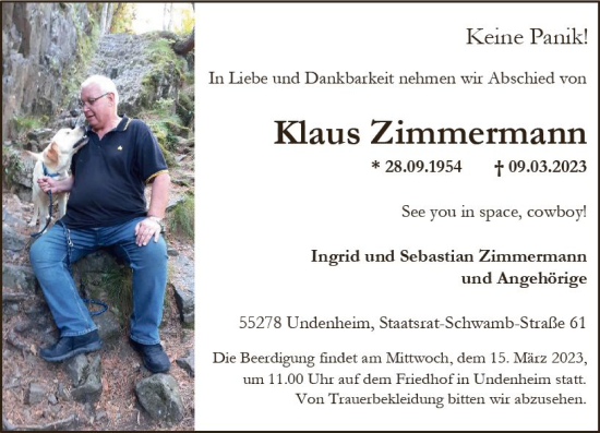 Traueranzeige von Klaus Zimmermann von Allgemeine Zeitung Mainz