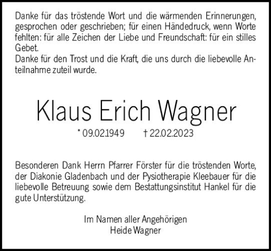 Traueranzeige von Klaus Erich Wagner von Hinterländer Anzeiger