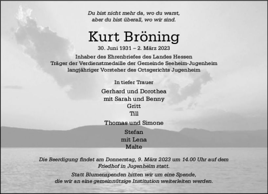 Traueranzeige von Kurt Bröning von Darmstädter Echo