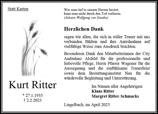 Traueranzeige von Kurt Ritter von Oberhessen Kurier