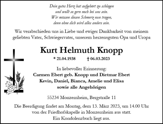 Traueranzeige von Kurt Helmuth Knopp von Wormser Zeitung