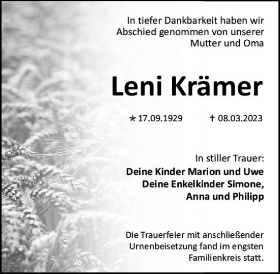 Traueranzeige von Leni Krämer von Allgemeine Zeitung Mainz