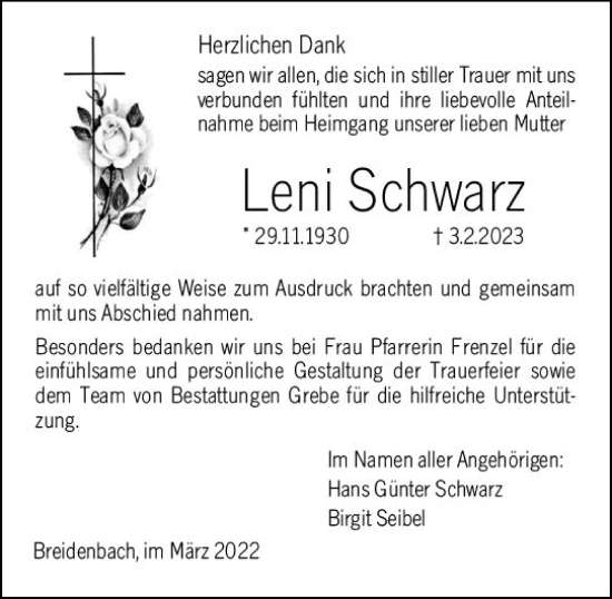 Traueranzeige von Leni Schwarz von Hinterländer Anzeiger