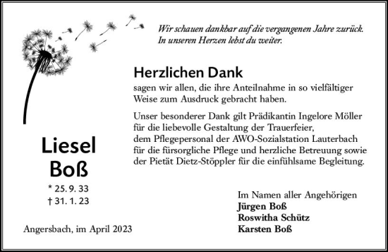 Traueranzeige von Liesel Boß von Oberhessen Kurier