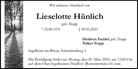 Traueranzeige von Lieselotte Hünlich von Allgemeine Zeitung Bingen/Ingelheim
