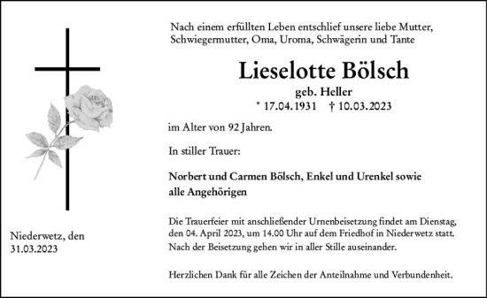 Traueranzeige von Lieselotte Kölsch von Wetzlarer Neue Zeitung